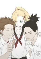 1girl 2boys akimichi_chouji black_eyes black_hair blonde_hair blue_eyes breast_pocket brown_hair chewing chips_(food) closed_eyes closed_mouth collared_shirt earrings eating facial_mark food gon012607 hair_ornament hair_tie hairclip highres holding holding_food jewelry konohagakure_symbol long_hair multiple_boys nara_shikamaru naruto_(series) naruto_shippuuden neckerchief one_eye_closed parted_lips pocket ponytail potato_chips red_neckerchief red_shirt sailor_collar shirt shirt_under_shirt simple_background stud_earrings sweatdrop twitter_username upper_body white_background white_shirt yamanaka_ino