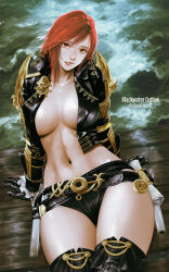 1girl 21yc_(september_breeze) belt black_jacket boots breasts breasts_apart highres jacket large_breasts looking_at_viewer mabinogi mabinogi_heroes navel ocean red_eyes red_hair sitting solo thigh_boots water
