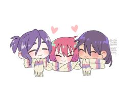 1boy 2girls amate_yuzuriha ariamikukanzaki artist_name blue_hair blush closed_eyes commentary cropped_head english_commentary gundam gundam_gquuuuuux heart multiple_girls nyaan_(gundam_gquuuuuux) purple_hair red_hair scarf shared_clothes shared_scarf short_hair shuji_ito simple_background smile twitter_username white_background