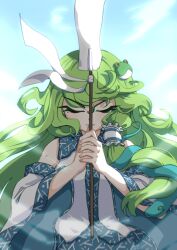1girl ay606078 blue_sky closed_eyes closed_mouth detached_sleeves frog_hair_ornament gohei green_hair hair_ornament hair_tubes highres holding kochiya_sanae long_hair mole mole_under_eye outdoors shirt sky snake_hair_ornament touhou upper_body white_shirt