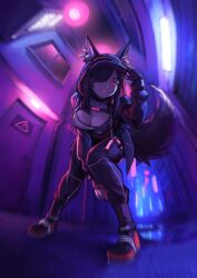 Rule 34 | 1girl, alley, animal ear fluff, animal ear piercing, animal ears, ankle socks, arm between legs, arm up, bandage on face, bandages, baseball cap, bent over, black choker, black gloves, black hat, black jacket, black pants, black shoes, black socks, blurry, blurry background, blurry edges, breasts, chest belt, choker, city, cleavage, commentary, commission, cyberpunk, door, drawstring, ears through headwear, ears through hood, english commentary, eyebrows hidden by hair, fang, fingerless gloves, fisheye, fluorescent lamp, fox ears, fox girl, fox tail, from below, gloves, grin, hair over one eye, half-closed eyes, hand on headwear, hat, high-waist pants, highres, hood, hood up, hooded jacket, jacket, kitsune, lantern, large breasts, leaning forward, legs apart, long eyelashes, long hair, long sidelocks, long sleeves, looking at viewer, looking down, multicolored shoes, multiple piercings, mura (woops), narrowed eyes, neon lights, neon palette, night, open clothes, open jacket, original, outdoors, pants, pants tucked in, paper lantern, parted bangs, pavement, pouch, puddle, purple hair, purple tail, raised eyebrows, red eyes, red shoes, shoes, sidelocks, sign, smile, sneakers, socks, solo, sports bra, standing, tail, teeth, thick eyelashes, thigh pouch, thigh strap, two-tone shoes, vertigris, warning sign, wet pavement, white sports bra, window