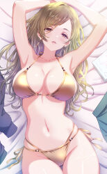 1girl alternate_costume arms_up bed_sheet bikini blush breasts cameltoe cardigan collarbone commentary_request detached_sleeves earrings gold_bikini green_hair hair_spread_out halterneck highres idolmaster idolmaster_shiny_colors jewelry koya_(koya_x_00) large_breasts long_hair looking_at_viewer lying nanakusa_hazuki navel on_back side-tie_bikini_bottom skirt solo stomach string_bikini swimsuit unworn_cardigan unworn_skirt very_long_hair