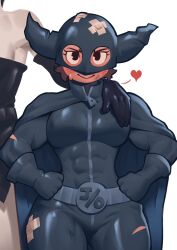 2girls absurdres bandaid bandaid_on_leg black_bodysuit black_cape black_eyes black_gloves black_mask blush bodysuit breasts brown_hair cape covered_abs elbow_gloves gloves heart highres jill_(mighty_jill_off) lineflow looking_at_viewer medium_breasts mighty_jill_off multiple_girls muscular muscular_female short_hair simple_background smile sweat the_queen_(mighty_jill_off) white_background yuri zipper zipper_pull_tab