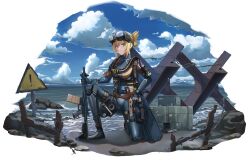 1girl absurdres ahab_(kced) assault_rifle barbed_wire blonde_hair blue_bodysuit blue_eyes bodysuit breathing_tube cloud cloudy_sky diving_suit flippers frogman goggles goggles_on_head gun handgun harness highres holding holding_gun holding_weapon holster kneeling looking_at_viewer magazine_(weapon) original oxygen_tank rifle scuba scuba_gear scuba_tank shin_guards sign skin_tight sky solo thigh_holster warning_sign weapon wetsuit