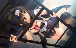 1boy 1girl :o ahoge arichi_masaomi black_bra black_hair black_scarf blue_kimono bow bra breasts cleavage closed_mouth curvy dutch_angle eyes_visible_through_hair faceless faceless_male fingernails floral_print forehead_protector foreshortening game_cg green_eyes hair_between_eyes hitachi_mako japanese_clothes kimono ladder large_breasts legs looking_at_another looking_down looking_up muririn ninja non-web_source official_art open_mouth outdoors print_bra red_bow red_ribbon ribbon scarf senren_banka short_hair short_hair_with_long_locks short_kimono short_sleeves solo_focus standing surprised thighs tsurime underwear variant_set
