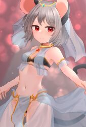 Rule 34 | 1girl, alternate costume, animal ears, bikini, black bikini, blush, breasts, circlet, closed mouth, commentary request, commission, cowboy shot, dakuazu, dancer, gem, gold, gold choker, grey hair, harem outfit, highres, looking at viewer, mouse ears, mouse girl, mouse tail, navel, nazrin, necktie, pelvic curtain, red eyes, red gemstone, see-through clothes, see-through skirt, short hair, showgirl skirt, skeb commission, skirt, small breasts, smile, solo, strapless, strapless bikini, swimsuit, tail, touhou, veil