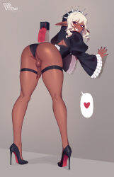 1boy against_wall artist_name ass bent_over black_garter_straps blonde_hair condom dark-skinned_male dark_skin dungeon_meshi elf erection from_behind full_body garter_straps grey_background heart high_heels highres looking_back male_focus matemi penis pointy_ears simple_background smile solo speech_bubble standing testicles thistle_(dungeon_meshi)