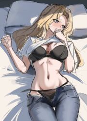 1girl black_bra black_panties blonde_hair blue_pants blush bra breasts clothes_lift cowboy_shot denim dimos_(dawn_1945) grey_eyes hornet_(kancolle) jeans kantai_collection large_breasts lifting_own_clothes looking_to_the_side lying official_alternate_costume on_back on_bed open_fly panties pants pillow shirt shirt_lift sketch string_panties underwear undressing unzipped white_shirt