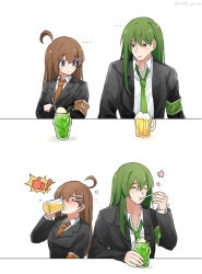 ... 1boy 1girl absurdres ahoge alcohol armband beer beer_mug black_jacket blue_eyes blush borderless_panels brown_armband brown_eyes brown_hair brown_necktie cup drink_switch_(meme) drinking eating food formal_clothes green_armband green_hair green_necktie hamhampangpang happy highres hod_(project_moon) ice_cream jacket lapels lobotomy_corporation long_hair meme mug necktie netzach_(project_moon) open_clothes open_collar open_jacket ori_oriio project_moon soda squeans suit_jacket thumbs_up white_background