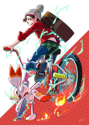 Rule 34 | 1boy, backpack, bag, beanie, bicycle, blue pants, brown bag, brown hair, commentary request, electricity, fire, from below, gen 4 pokemon, gen 8 pokemon, grey headwear, hat, highres, holding, looking back, looking down, nintendo, open mouth, orange eyes, pants, pokemon, pokemon (creature), pokemon swsh, red shirt, riding, riding bicycle, rotom, rotom bike, scorbunny, shirt, shoes, sleeves rolled up, teeth, tongue, victor (pokemon), wedo