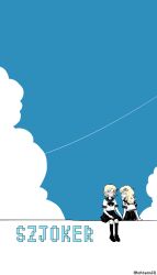 2girls black_bow black_bowtie black_footwear black_sailor_collar black_skirt black_socks blonde_hair blue_sky blush bow bowtie character_name closed_mouth cloud commentary_request cookie_(touhou) full_body haburashi highres joker_(cookie) kirisame_marisa long_hair mizuhashi_parsee multiple_girls negative_space parted_bangs pointy_ears sailor_collar school_uniform serafuku shirt shoes short_hair short_sleeves sitting skirt sky socks suzu_(cookie) touhou white_shirt