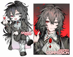 1boy ahoge alcohol artist_name ascot bad_tag bags_under_eyes black_hair black_jacket black_pants black_sleeves blood blood_on_clothes blood_on_face bloody_tears boots chibi commission crossed_legs cup drinking_glass dynamic_pose english_text expressionless fangs full_body gem grey_eyes hair_over_one_eye heterochromia high_collar holding jacket jewelry kamika knee_boots light_smile lineart long_hair long_sleeves looking_at_viewer male_focus messy_hair multicolored_hair multiple_views open_mouth original outline pale_skin pants pendant pointing pointing_at_self portrait red_background red_eyes red_gemstone reference_sheet sample_watermark serious shirt shoes sidelocks simple_background single_shoe sitting sketch sleeve_cuffs slit_pupils smirk smug solo_focus teasing upper_body watermark white_background white_boots white_shirt wine wine_glass