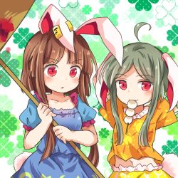 2girls ahoge animal_ears arms_up blue_dress blush brown_hair clover collarbone cosplay dango dress earclip eating floppy_ears food green_hair holding holding_mallet kemonomimi_mode kine mallet midriff multiple_girls nishida_satono orange_shirt pote_(ptkan) puffy_short_sleeves puffy_sleeves rabbit_ears rabbit_tail red_eyes ringo_(touhou) ringo_(touhou)_(cosplay) seiran_(touhou) seiran_(touhou)_(cosplay) shamrock shirt short_hair_with_long_locks short_sleeves shorts tail teireida_mai touhou upper_body wagashi