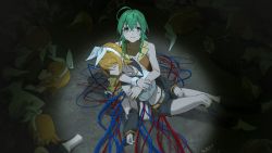 2girls ahoge amputee android arm_warmers bare_arms belt black_sailor_collar black_shorts black_sleeves blonde_hair bow bow_hairband cable carrying carrying_person clone closed_eyes commentary crop_top crying green_eyes green_hair gumi hair_bow hairband highres hug kagamine_rin leg_warmers medium_hair midriff multiple_girls navel orange_vest sailor_collar seiza shirt short_hair shorts sitting sleeveless sleeveless_shirt tears vest vocaloid white_bow white_shirt wounds404 wrist_cuffs
