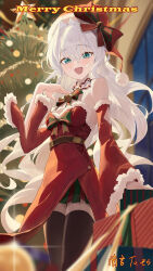 1girl absurdres black_thighhighs blue_eyes breasts christmas christmas_present christmas_tree detached_sleeves dress fur-trimmed_dress fur-trimmed_sleeves fur_trim gift hair_intakes hat highres indoors long_hair looking_at_viewer open_mouth original re_naya red_dress red_hat red_sleeves santa_costume santa_dress santa_hat small_breasts solo thighhighs white_hair wide_sleeves window