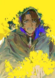 Rule 34 | 2boys, arm around shoulder, baihuahua5441, black hair, black shirt, blood, blood on clothes, blood on face, brown cloak, brown hair, clenched teeth, cloak, closed eyes, collared shirt, commentary, crying, crying with eyes open, dark-skinned male, dark skin, e.g.o (project moon), english commentary, fangs, flower, grey hanbok, hanbok, heathcliff (project moon), highres, korean clothes, limbus company, long sleeves, looking ahead, male focus, medium hair, multiple boys, necktie, project moon, purple eyes, scar, scar on face, shirt, sunshower (e.g.o), tears, technology liberation alliance (identity) (project moon), teeth, torn clothes, upper body, white necktie, wide sleeves, yellow flower, yi sang (project moon)