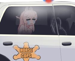 1boy 1girl absurdres animal_ears arms_behind_back arrest bare_shoulders blue_bow blush bow breasts car closed_eyes collarbone criss-cross_halter crying gixarart hair_between_eyes hair_bow halterneck highres motor_vehicle open_mouth phase_connect pink_bow pink_hair pipkin_pippa police police_car rabbit_ears rabbit_girl small_breasts solo_focus virtual_youtuber