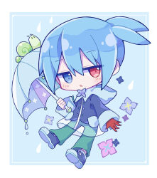 1boy :o blue_background blue_boots blue_coat blue_eyes blue_hair blue_umbrella blush boots border chibi chibi_only coat commentary_request full_body futaba969649 gloves green_pants heterochromia holding holding_umbrella hood hood_down hooded_coat jitome long_sleeves looking_at_viewer male_focus open_mouth outside_border pants puyopuyo red_eyes red_gloves short_hair sig_(puyopuyo) single_glove snail solo umbrella white_border