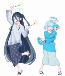2girls aris_(blue_archive) arona_(blue_archive) baju_kurung black_hair black_skirt blue_archive blue_eyes blue_hair blue_halo blue_shirt bow card fikkyun flip-flops grey_shirt hair_bow halo holding holding_card holding_fireworks long_hair malaysian_clothes multiple_girls patterned_clothing sandals shirt short_hair side_ponytail simple_background skirt very_long_hair white_background