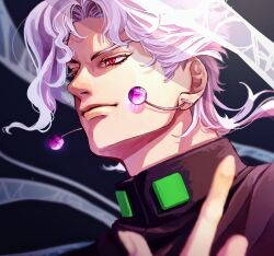 Rule 34 | 1boy, asymmetrical bangs, cherry earrings, curtained hair, earrings, floating hair, food-themed earrings, food themed earrings, gakuran, hierophant green, highres, jewelry, jojo no kimyou na bouken, kakyoin noriaki, male focus, medium hair, portrait, red eyes, school uniform, stardust crusaders, togusa jj, white hair