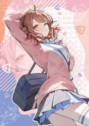 1girl ahoge arm_up bag blue_bag blue_ribbon blue_skirt blush breasts brown_eyes brown_hair cardigan double_v gakuen_idolmaster gradient_hair hair_bun hanami_ume hatsuboshi_gakuen_school_uniform highres idolmaster large_breasts long_sleeves looking_at_viewer multicolored_hair musical_note neck_ribbon ningen_mame open_mouth pink_cardigan pleated_skirt ribbon school_bag school_uniform shirt short_hair single_side_bun skirt smile solo teeth thighhighs thighs v white_shirt white_thighhighs