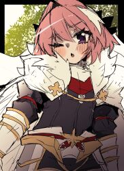 1boy armored_skirt astolfo_(fate) black_bow blush_stickers bow braid cape eyelashes fate/apocrypha fate_(series) fur-trimmed_cape fur_trim gauntlets hair_between_eyes hair_bow hair_intakes highres long_hair male_focus multicolored_hair one_eye_closed open_mouth pink_hair purple_eyes single_braid solo streaked_hair takasaki_aneki trap white_cape white_hair
