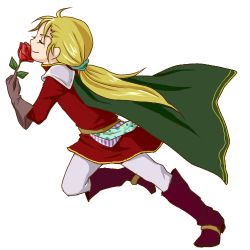 1980s_(style) 1boy blonde_hair boots cape closed_eyes final_fantasy final_fantasy_ii flower gloves lowres male_focus marching miharuko_(kopera) oldschool ponytail retro_artstyle rose running scott shoulder_pads smelling smelling_flower solo