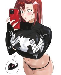 1girl absurdres blush breasts cleavage green_eyes highres large_breasts long_hair marvel mary_jane_watson mugi_(mugit49) navel open_mouth panties red_hair shirt spider-man_(series) underwear venom_(marvel)