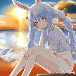 Rule 34 | 1girl, animal ear fluff, animal ears, blue hair, blue shirt, braid, brown eyes, carrot hair ornament, closed mouth, commentary request, feet out of frame, food-themed hair ornament, hair between eyes, hair ornament, hand up, highres, hololive, kiritoma, knees up, looking at viewer, rabbit-shaped pupils, rabbit ears, shirt, short eyebrows, short sleeves, shorts, signature, sitting, smile, solo, sunset, symbol-shaped pupils, thick eyebrows, twin braids, twintails, usada pekora, virtual youtuber, water, white shorts