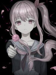 1other absurdres akiyama_mizuki black_background black_jacket candy collarbone commentary cropped_jacket falling_petals food grey_sailor_collar grey_shirt hair_intakes hair_ribbon highres holding holding_candy holding_food holding_lollipop jacket kkamkkam lollipop long_hair long_sidelocks long_sleeves looking_at_viewer neckerchief parted_lips petals pink_eyes pink_hair pink_petals project_sekai ribbon ringed_eyes sailor_collar school_uniform serafuku shirt side_ponytail sidelocks solo symbol-only_commentary two-tone_neckerchief upper_body