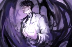 Rule 34 | 1boy, black eyes, black hair, black shirt, coat, facing viewer, forced perspective, glowing, glowing eye, limited palette, macaronijail, magic, male focus, omniscient reader&#039;s viewpoint, popped collar, purple theme, shirt, short hair, solo, sparkle, upper body, white coat, yoo joonghyuk