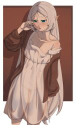 1girl absurdres aqua_eyes bare_shoulders blush breasts collarbone dexazael dress elf frieren hand_up highres jacket long_hair long_sleeves looking_at_viewer off_shoulder open_mouth pointy_ears see-through_clothes solo sousou_no_frieren strap_slip very_long_hair white_dress