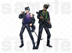 2boys alternate_costume animal_ears animal_print aragami_oga belt belt_buckle black_belt black_hair black_jacket black_pants black_shirt black_shoes buckle collarbone copyright_notice crew_neck dark-skinned_male dark_skin demon_horns dog_tags earrings eyepatch fangs fingernails full_body green_eyes green_scarf grin hair_between_eyes highres holding holding_instrument holding_microphone holding_microphone_stand holding_plectrum holostars horns instrument jackal_boy jackal_ears jackal_tail jacket jewelry kageyama_shien leather leather_jacket leather_pants looking_at_viewer mafia_(holostars) male_focus microphone microphone_stand multicolored_hair multiple_boys music naruta_iyo official_art open_clothes open_jacket open_mouth oxfords pants pendant playing_guitar playing_instrument plectrum purple_tank_top sample_watermark scarf sharp_fingernails sharp_teeth shirt shoes short_hair side-by-side singing single_bare_shoulder single_horn single_off_shoulder smile standing sweat swept_bangs tail tank_top teeth tiger_print toned toned_male two-tone_hair virtual_youtuber wallet_chain watermark watermark_grid white_background white_hair yellow_eyes