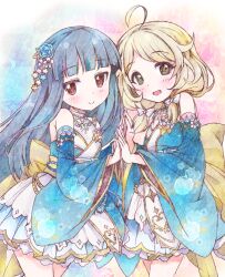 Rule 34 | 2girls, ahoge, bare shoulders, blonde hair, blue dress, blue flower, blue hair, blue sleeves, blunt bangs, blush, bow, closed mouth, cowboy shot, detached sleeves, dot nose, dress, flat chest, floral print, flower, green eyes, hair bow, hair flower, hair ornament, hair ribbon, idolmaster, idolmaster cinderella girls, idolmaster cinderella girls starlight stage, jewelry, layered dress, long hair, long sleeves, looking at viewer, low twintails, michii yuuki, multiple girls, necklace, open mouth, pastel colors, print sleeves, ribbon, sajo yukimi, sleeveless, sleeveless dress, smile, standing, twintails, two-tone background, waist bow, white ribbon, wide sleeves, yellow bow, yusa kozue
