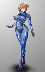 Rule 34 | 1girl, alternate costume, armor, blue bodysuit, blue eyes, bodysuit, breasts, brown hair, cameltoe, commission, covered erect nipples, covered navel, folded ponytail, full body, high heels, impossible bodysuit, impossible clothes, komaki manaka, large breasts, looking at viewer, lyrical nanoha, mahou shoujo lyrical nanoha strikers, mind control, nado.e, numbers&#039; uniform, pixiv commission, science fiction, shiny clothes, short hair, skin tight, solo, standing, to heart (series), to heart 2