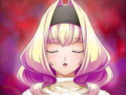 Rule 34 | 1girl, azarin (kouyoku senki exs-tia), black hairband, black headband, blonde hair, closed eyes, facing viewer, game cg, hair intakes, hairband, headband, incoming kiss, inoino, kouyoku senki exs-tia, large variant set, medium hair, non-web source, official art, open mouth, pink hair, portrait, red background, ribbed sweater, solo, sweater, turtleneck, turtleneck sweater, variant set, white sweater, yellow sweater