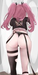1girl absurdres ass ass_focus from_behind garter_belt hair_ribbon highres huge_ass long_hair nicole_demara pink_hair ribbon single_thighhigh solo thighhighs thong torn_clothes torn_thighhighs twintails youp_(youp_art) zenless_zone_zero
