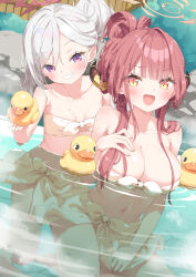 2girls alternate_hairstyle aru_(blue_archive) bathing bikini blue_archive blush breasts cleavage commentary_request grin hair_between_eyes hair_bun hair_up halo highres holding horns kani_biimu large_breasts looking_at_viewer multiple_girls mutsuki_(blue_archive) onsen open_mouth partially_submerged purple_eyes red_hair ripples rock rubber_duck single_hair_bun small_breasts smile strapless strapless_bikini swimsuit towel_around_waist water wet white_bikini