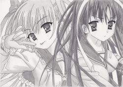 2girls :p absurdres breasts hidan_no_aria highres hotogi_shirayuki long_hair mine_riko monochrome multiple_girls tongue tongue_out