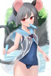 Rule 34 | 1girl, animal ears, blue one-piece swimsuit, cowboy shot, dakuazu, grey hair, hair between eyes, highres, jewelry, mouse ears, mouse tail, mouth hold, nazrin, one-piece swimsuit, pendant, red eyes, see-through clothes, short hair, solo, swimsuit, tail, touhou, wet
