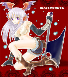 1girl axe belt belt_pouch bikini bikini_top_only black_gloves boots breasts brown_belt brown_boots character_name cleavage closed_mouth commentary_request elbow_gloves feathered_wings fingerless_gloves fold-over_boots full_body fur-trimmed_shorts fur_trim gloves gradient_wings grey_shorts haruhana1104 head_wings high_heel_boots high_heels holding holding_axe long_hair looking_at_viewer medium_breasts multicolored_wings on_one_knee orange_wings pouch purple_eyes purple_wings ragnarok_online red_background short_shorts shorts smile solo swimsuit white_bikini white_hair whitesmith_(ragnarok_online) wings