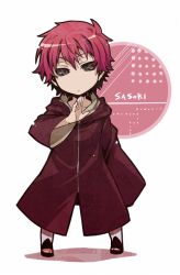1boy black_sclera brown_eyes character_name chibi closed_mouth coat colored_sclera long_sleeves male_focus naruto_(series) naruto_shippuuden ninja purple_coat red_hair sasori_(naruto) short_hair simple_background solo white_background yosakuh