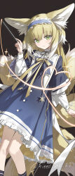 1girl absurdres animal_ear_fluff animal_ears arknights artist_name black_background black_socks blonde_hair blue_dress blue_hairband blush closed_mouth colored_tips commentary dated dress feet_out_of_frame fox_ears fox_girl fox_tail frilled_dress frilled_hairband frills green_eyes hairband highres holding holding_wand kieed kitsune kyuubi light_smile looking_at_viewer multicolored_hair multiple_tails revision simple_background socks solo sparkle suzuran_(arknights) tail two-tone_hair wand white_hair