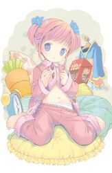 1girl absurdres barefoot belly blue_eyes blush buttons clock flat_chest flower food hair_ornament hairpin highres kneeling loli long_sleeves marl_(project_witch) midriff navel open_clothes pajamas panties pantyshot pillow pocky pop_(electromagneticwave) project_witch red_hair scrunchie short_hair short_twintails solo twintails unbuttoned underwear white_panties