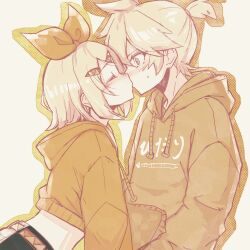 1boy 1girl absurdres belt black_shorts blonde_hair blush bow brother_and_sister closed_eyes clothes_writing commentary cropped_hoodie hair_between_eyes hair_bow hair_ornament hairclip halka hetero high_ponytail highres hood hoodie incest kagamine_len kagamine_rin kiss looking_at_another medium_hair midriff orange_outline outline ponytail short_ponytail shorts siblings surprise_kiss surprised sweatdrop twincest twins vocaloid wide-eyed yellow_belt yellow_outline yellow_theme