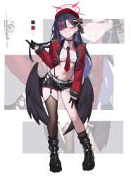 Rule 34 | 1girl, belt, beret, black boots, black choker, black thighhighs, black wings, blue archive, blush, boots, bow, breasts, choker, closed eyes, collared shirt, commentary request, commission, contrapposto, cropped jacket, cropped shirt, cross, cross earrings, diagonal-striped clothes, diagonal-striped necktie, earrings, full body, garter straps, gigi20040323, gradient hair, hair bow, hair ornament, hairclip, halo, hand on own thigh, hat, heart, heart hair ornament, highres, holding, holding own hair, ichika (blue archive), jacket, jewelry, latex shorts, low wings, multicolored hair, navel, necktie, red halo, red hat, red jacket, shirt, short shorts, shorts, single garter strap, single thighhigh, smile, solo, standing, streaked hair, striped clothes, striped necktie, thighhighs, underboob, white belt, wings