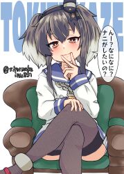 Rule 34 | 1girl, absurdres, black hair, blush, brown eyes, character name, couch, crossed legs, dress, gradient hair, grey hair, hat, headgear, highres, kantai collection, kitahama (siroimakeinu831), long sleeves, looking at viewer, mini hat, multicolored hair, neckerchief, sailor collar, sailor dress, school uniform, serafuku, shirt, short hair, short hair with long locks, sitting, smile, smokestack hair ornament, solo, speech bubble, thighhighs, tied shirt, tokitsukaze (kancolle), yellow neckerchief