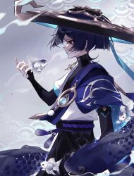 1boy anemo_symbol_(genshin_impact) arm_at_side armor belt black_belt black_bodysuit black_bow black_bridal_gauntlets black_eyes black_hair black_shorts blue_cape blue_gemstone blue_hat blue_sleeves blunt_ends bodysuit bow bridal_gauntlets cape catfish closed_mouth curled_fingers eyelashes eyeliner eyeshadow feathers fingernails fish from_side gem genshin_impact gold goldfish grey_pupils hand_up hat highres japanese_armor japanese_clothes jingasa kimono kote kurokote layered_sleeves looking_at_animal makeup male_focus mandarin_collar open_clothes open_kimono overcast pom_pom_(clothes) purple_rope purple_sash red_eyeliner red_eyeshadow rope sash scaramouche_(genshin_impact) seigaiha shachi_1026 short_sleeves shorts sky solo tassel three_quarter_view wanderer_(genshin_impact) white_kimono white_sleeves white_trim yellow_feathers