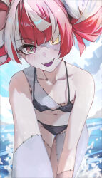 1girl absurdres bikini black_bikini breasts colored_skin colored_tongue day double_bun green_eyes grey_skin hair_bun heterochromia highres hololive hololive_indonesia kureiji_ollie leaning_forward light_blush multicolored_eyes multicolored_hair multicolored_skin navel ocean open_mouth outdoors patchwork_skin purple_tongue red_eyes red_hair small_breasts solo stitched_arm stitched_face stitched_torso stitches streaked_hair swimsuit virtual_youtuber white_hair yellow_eyes yoellim5 zombie