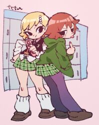 2girls back-to-back brown_eyes green_jacket hair_ornament hairclip highres hood jacket kim_pine multiple_girls phone pleated_skirt roxie_richter school_uniform scott_pilgrim_(series) scott_pilgrim_takes_off short_hair skirt smile tetsu_(teppei)